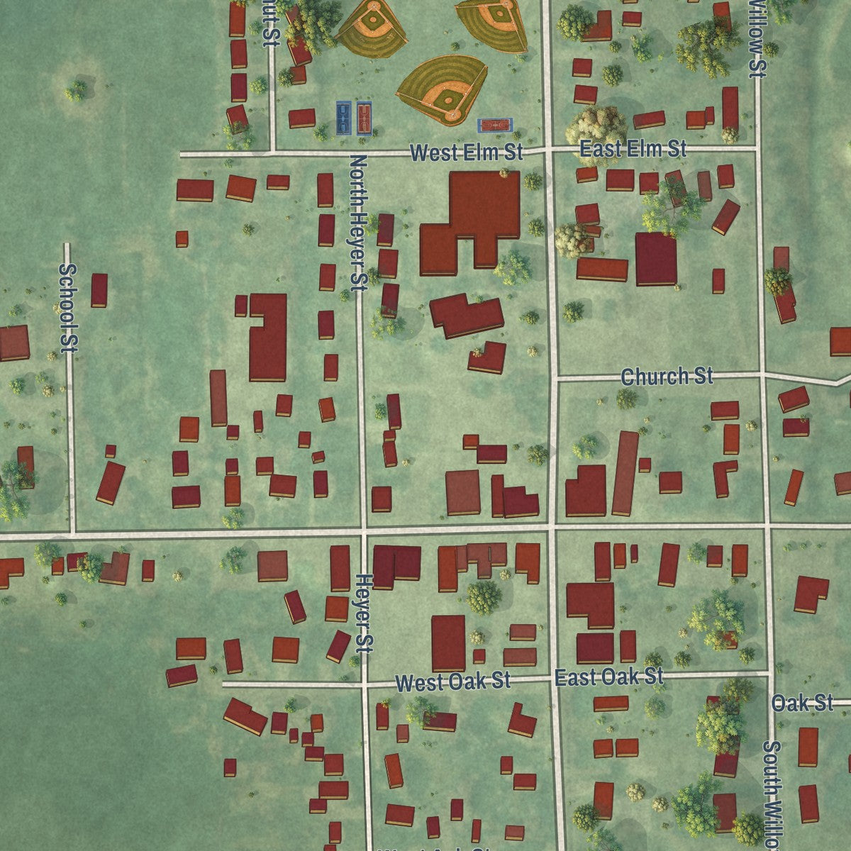 Close-up of the map of Westphalia, Michigan print showing street and building detail