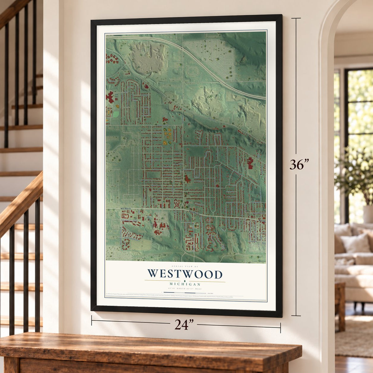 Westwood, Michigan map, 24 x 36 inch print in a black frame by a staircase