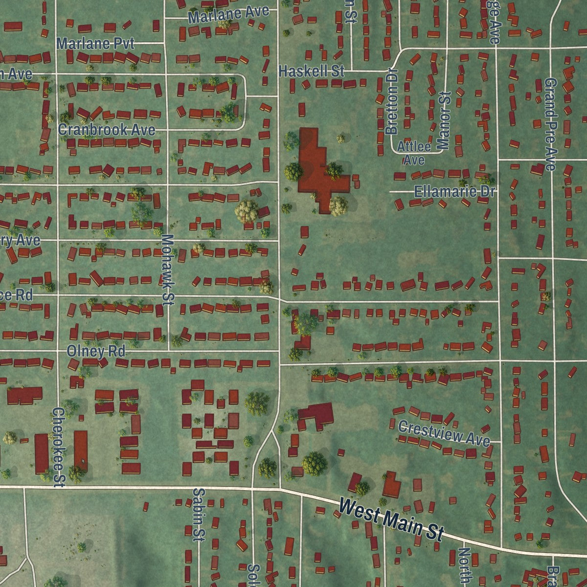 Close-up of the map of Westwood, Michigan print showing street and building detail