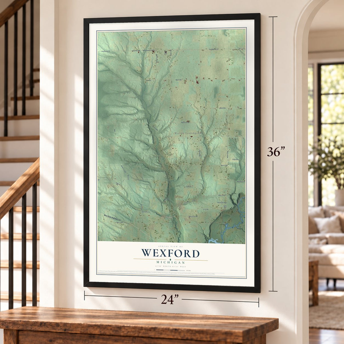Wexford, Michigan map, 24 x 36 inch print in a black frame by a staircase