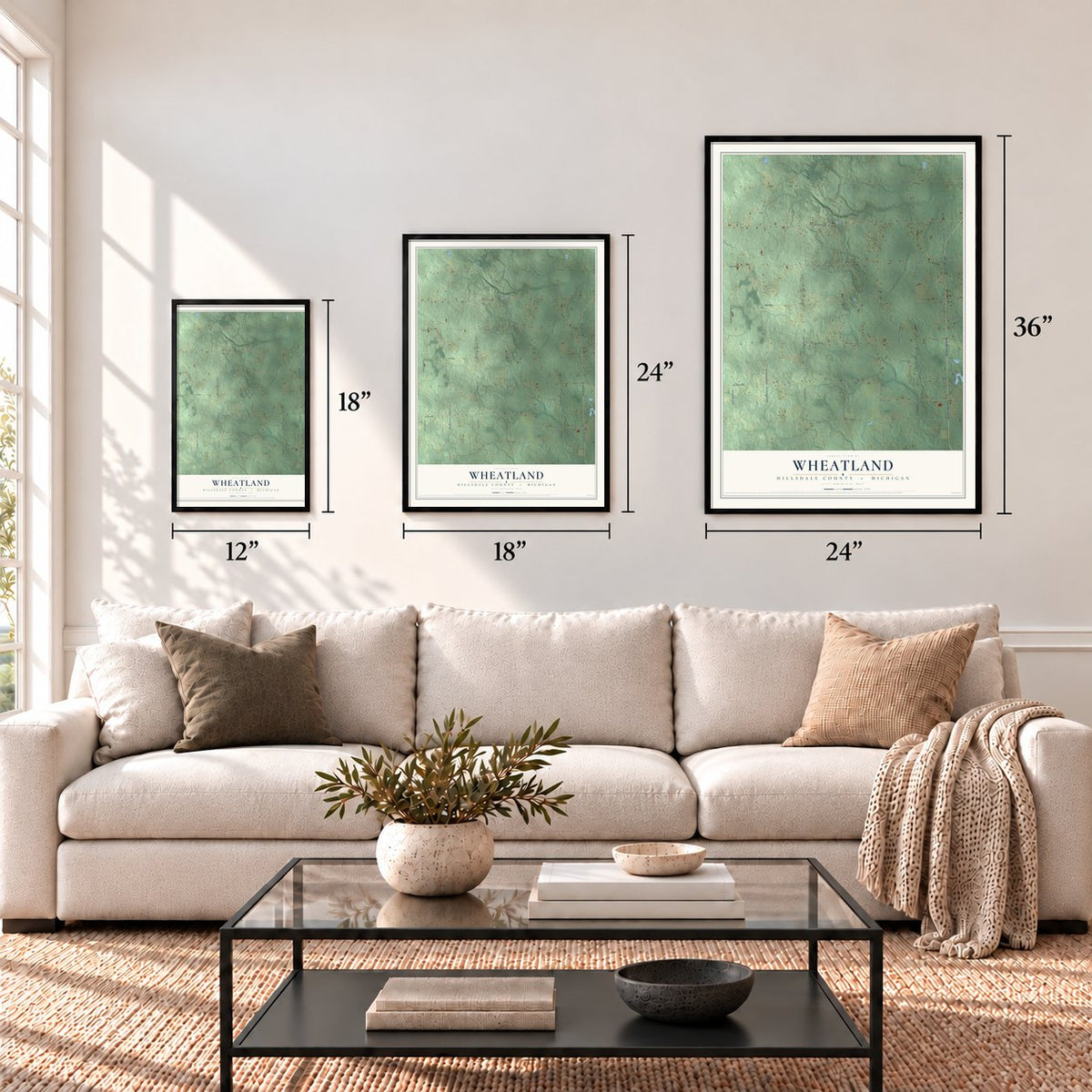 Wheatland, Hillsdale County, Michigan map in 12 x 18, 18 x 24 and 24 x 36 inch sizes above a sofa