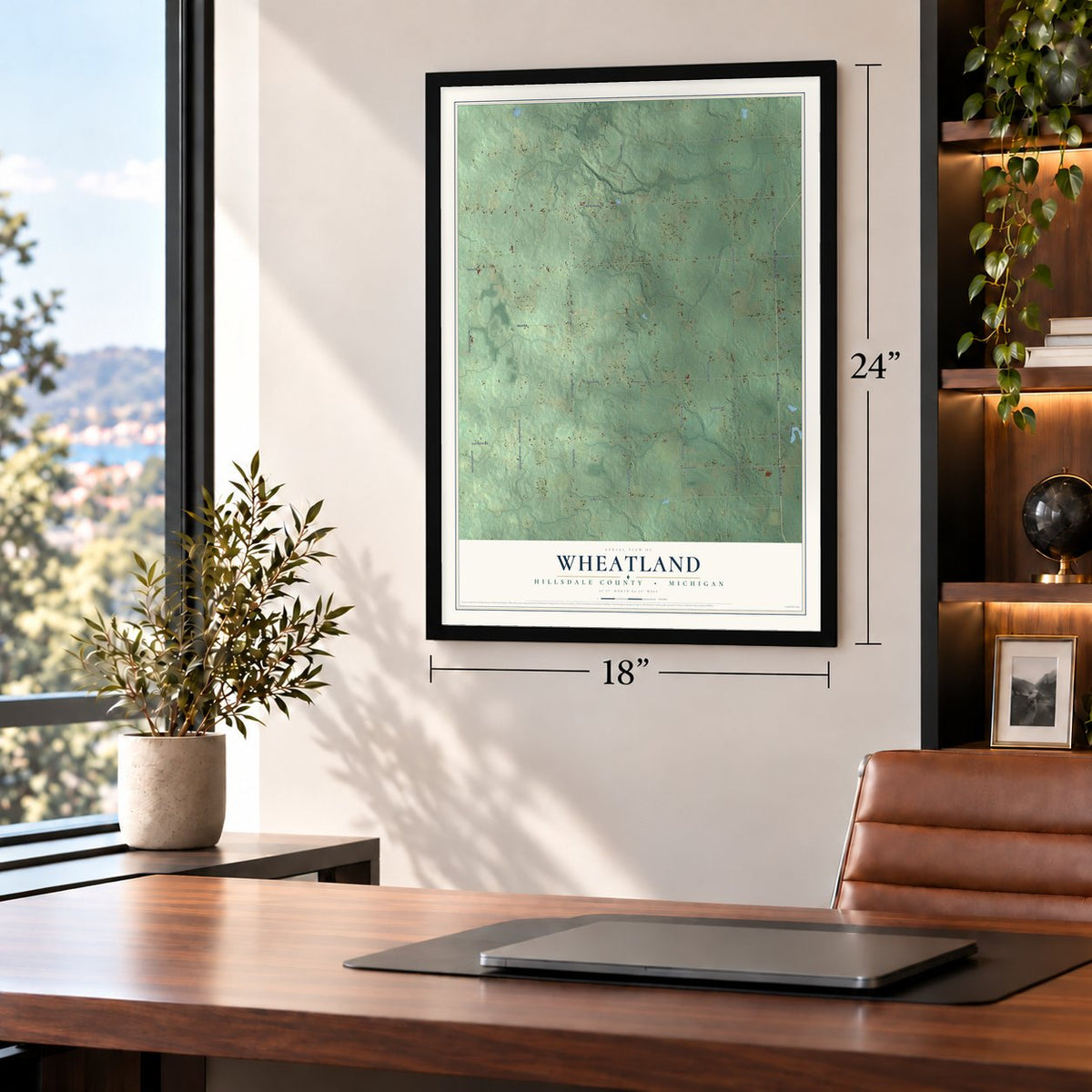 Wheatland, Hillsdale County, Michigan map, 18 x 24 inch print in a black frame in a home office