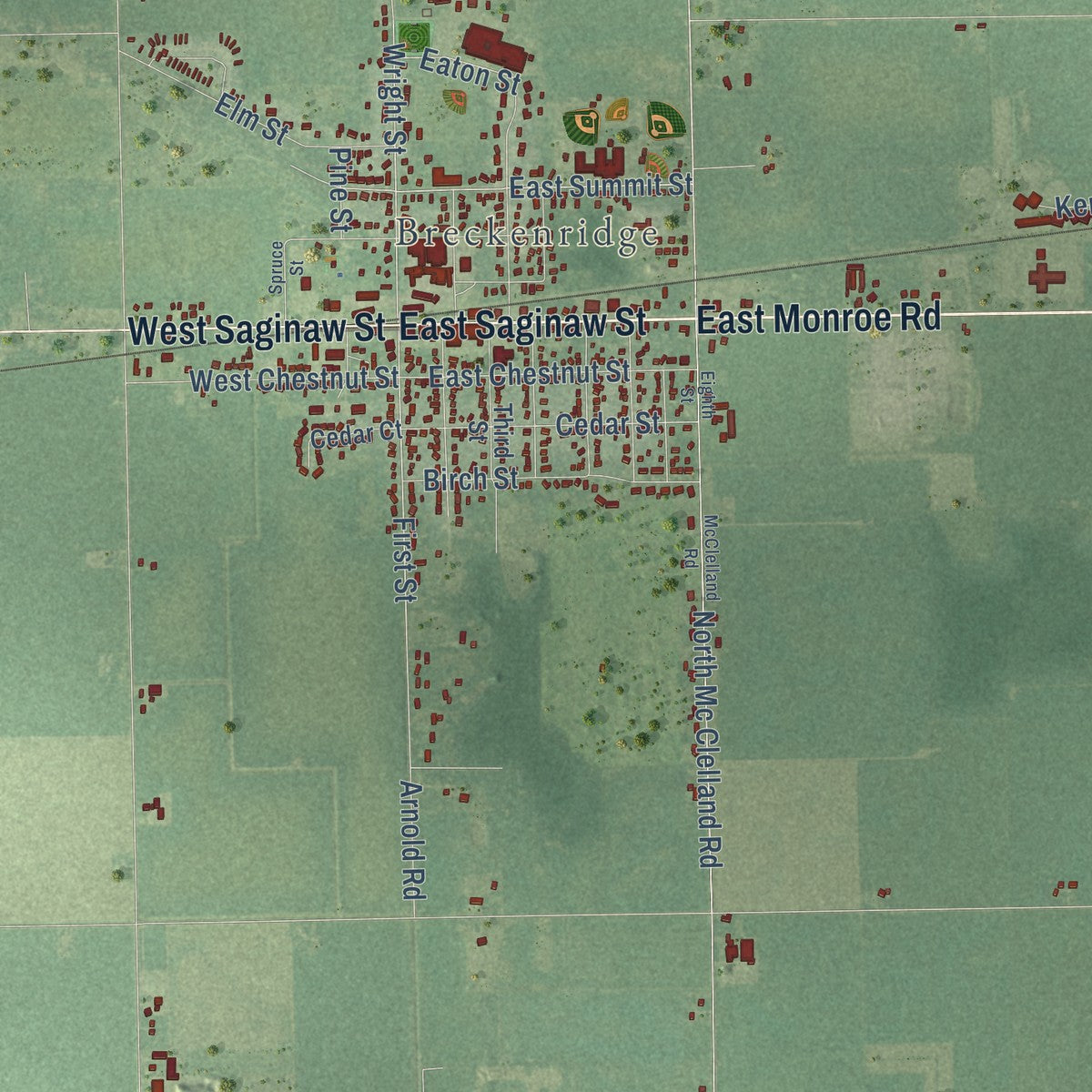 Close-up of the map of Wheeler, Michigan print showing street and building detail