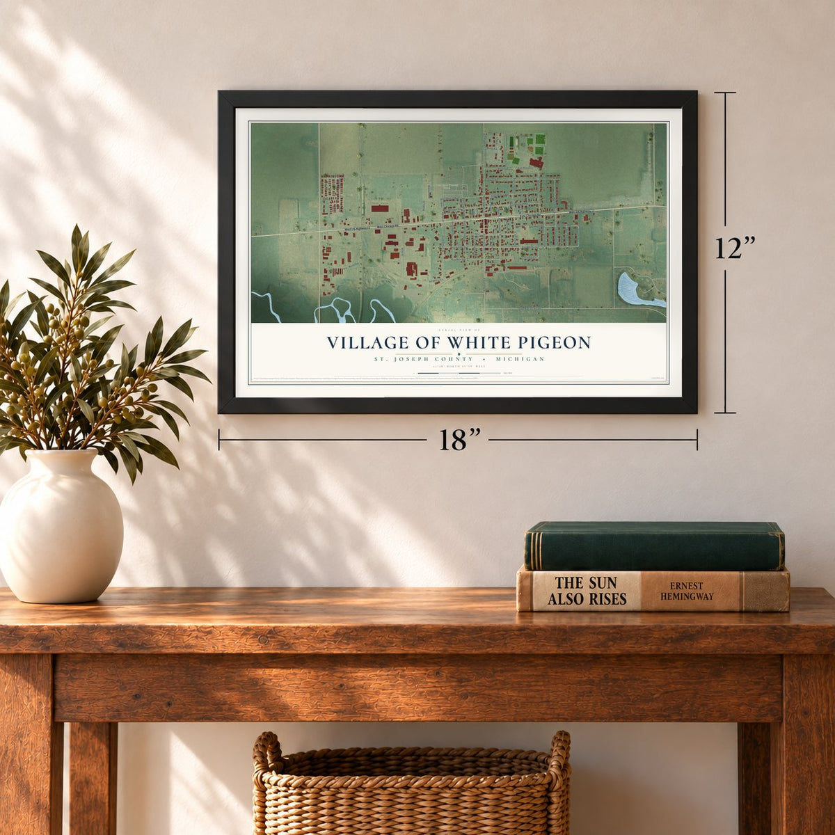 White Pigeon, Michigan map, 12 x 18 inch print in a black frame in an entryway