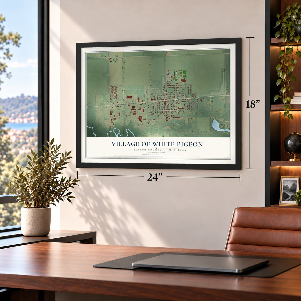 White Pigeon, Michigan map, 18 x 24 inch print in a black frame in a home office