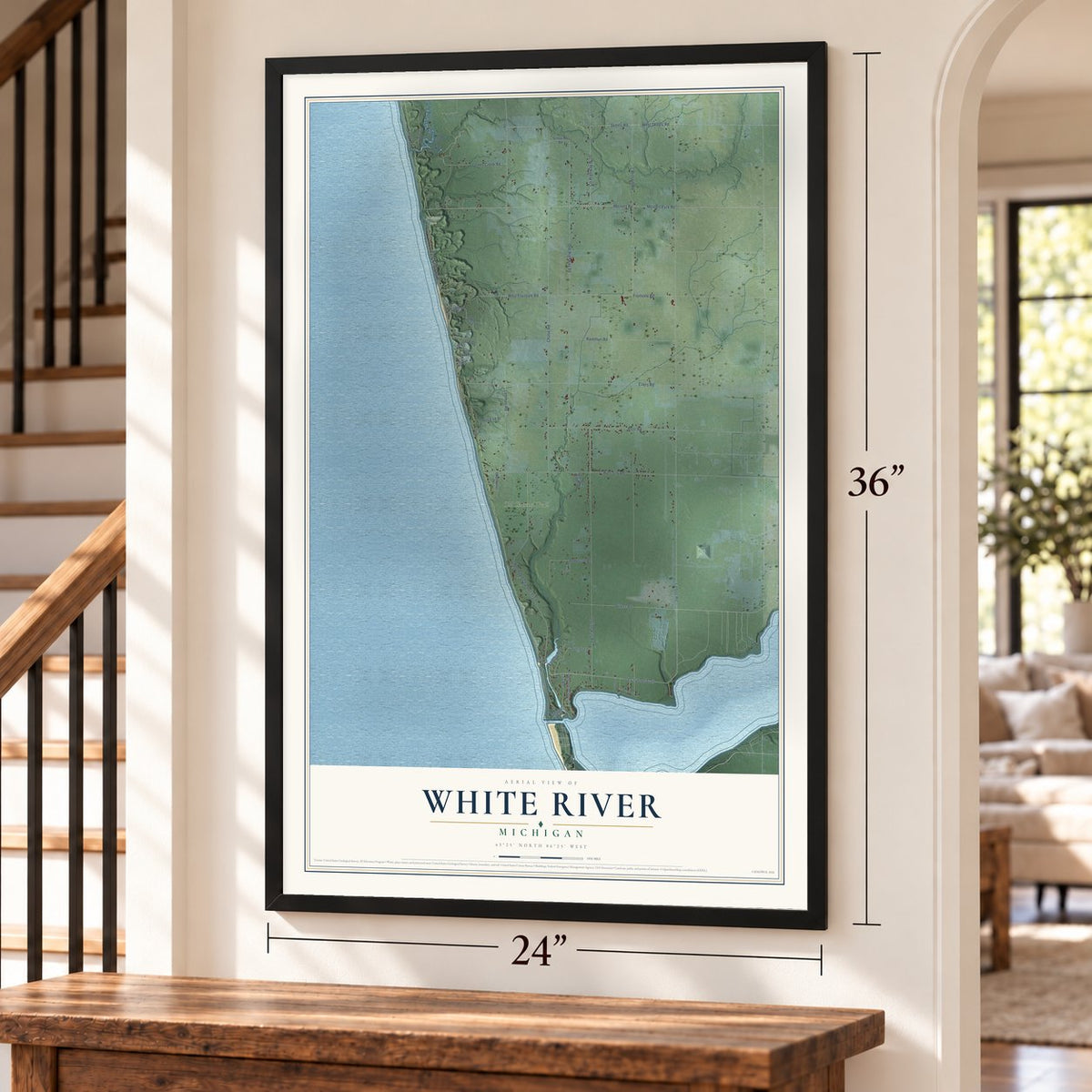 White River, Michigan map, 24 x 36 inch print in a black frame by a staircase