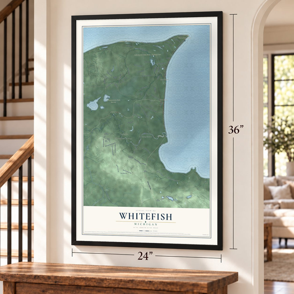 Whitefish, Michigan map, 24 x 36 inch print in a black frame by a staircase