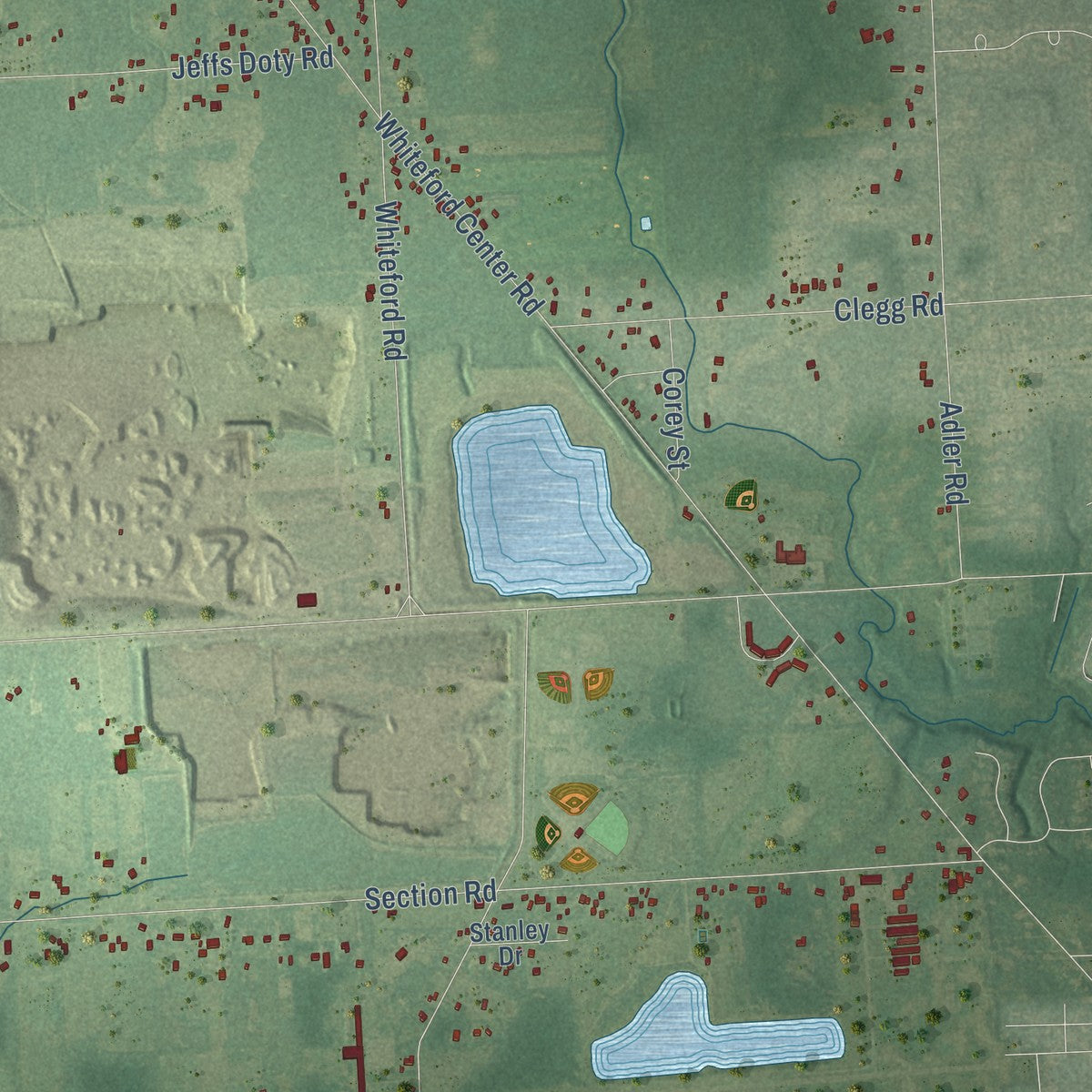 Close-up of the map of Whiteford, Michigan print showing street and building detail