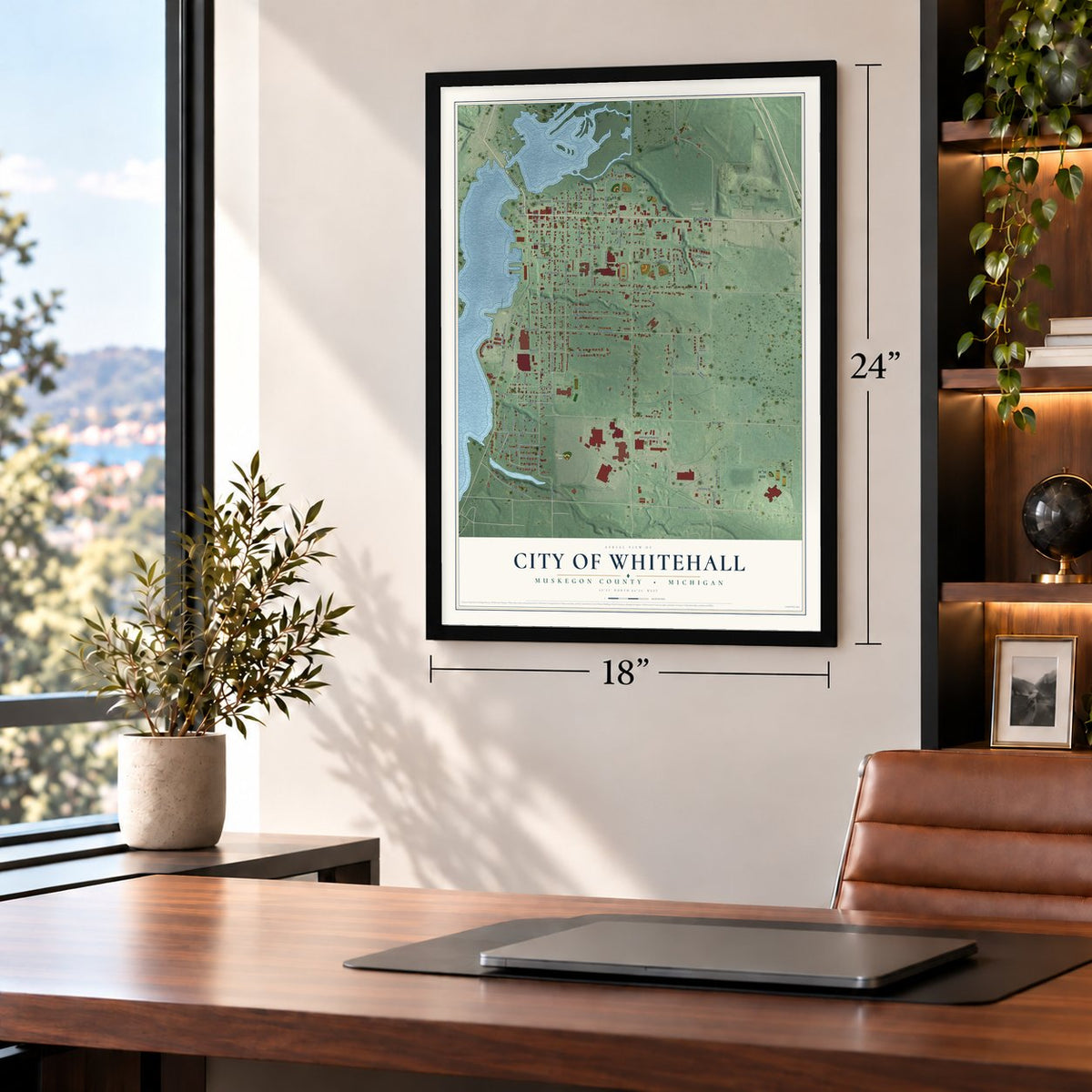 Whitehall, Michigan map, 18 x 24 inch print in a black frame in a home office