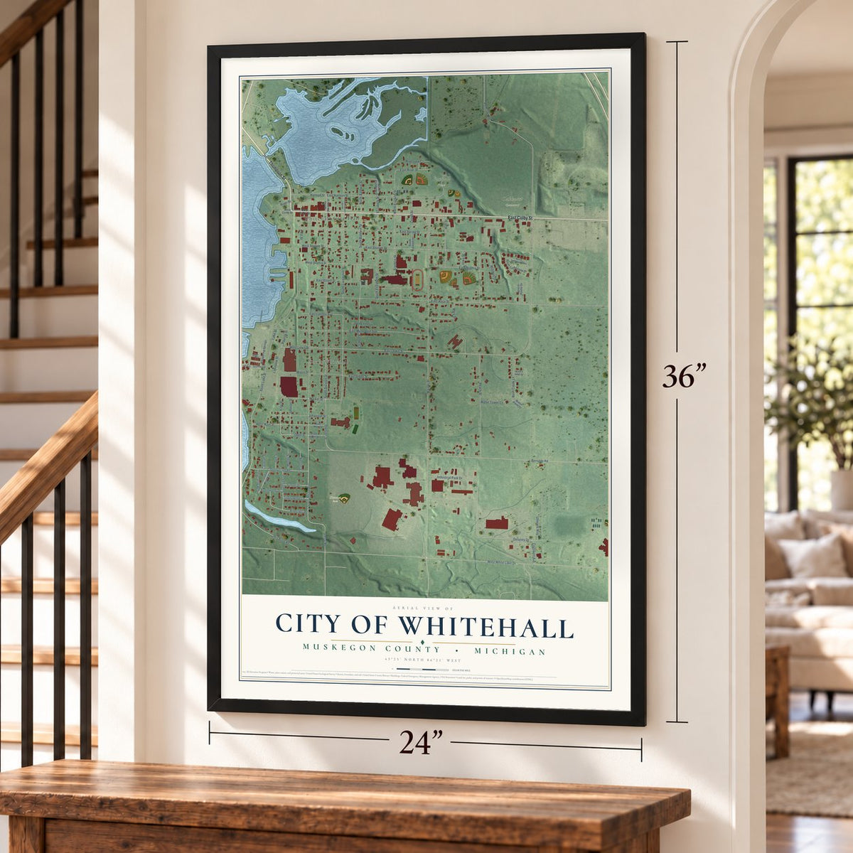 Whitehall, Michigan map, 24 x 36 inch print in a black frame by a staircase