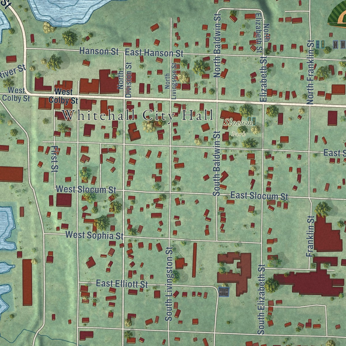 Close-up of the map of Whitehall, Michigan print showing street and building detail