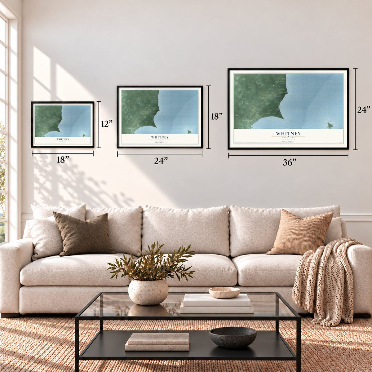 Whitney, Michigan map in 12 x 18, 18 x 24 and 24 x 36 inch sizes above a sofa