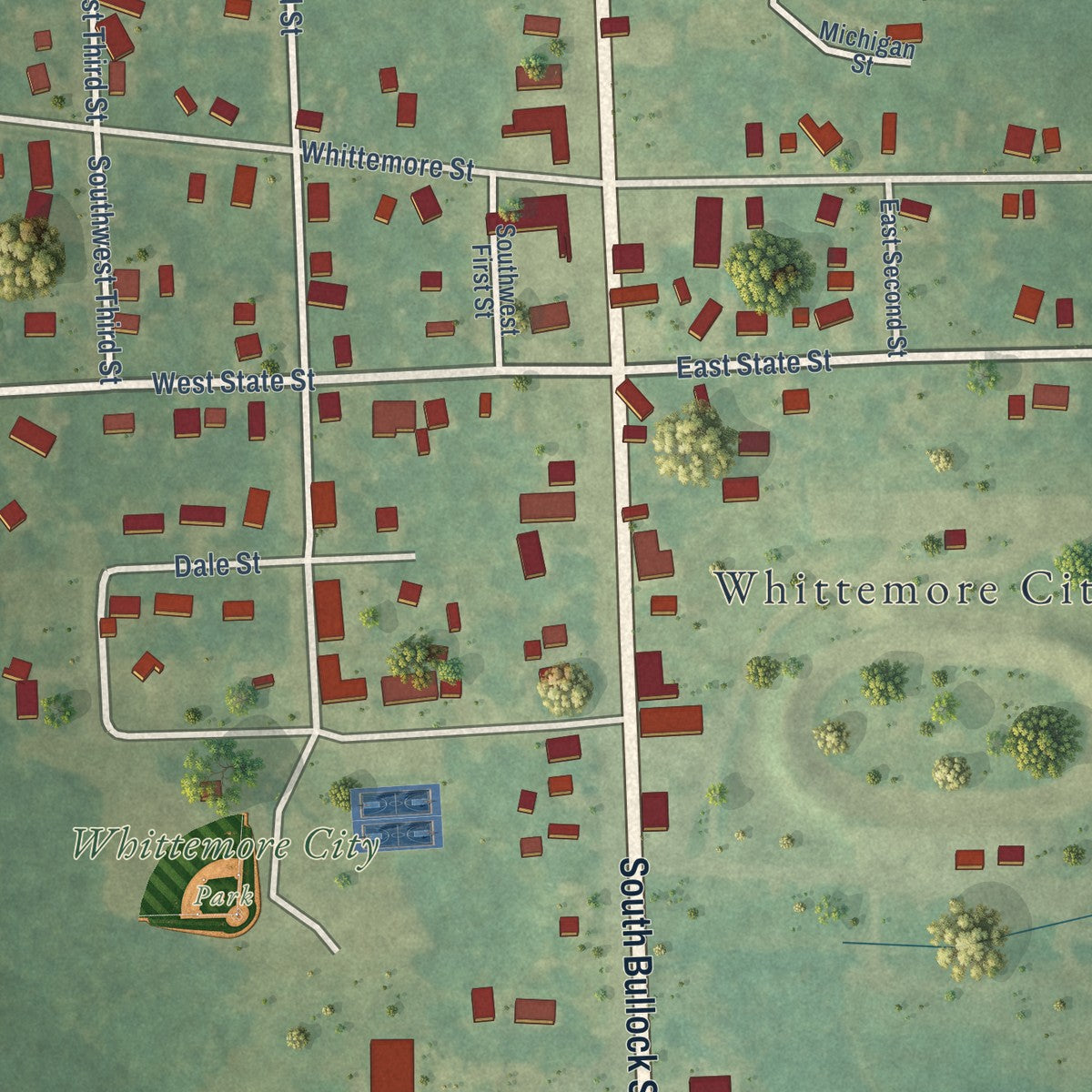 Close-up of the map of Whittemore, Michigan print showing street and building detail