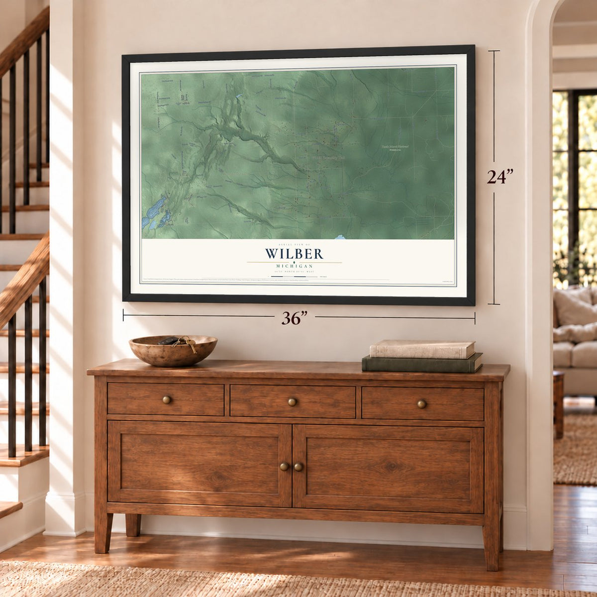Wilber, Michigan map, 24 x 36 inch print in a black frame above a dresser by a staircase