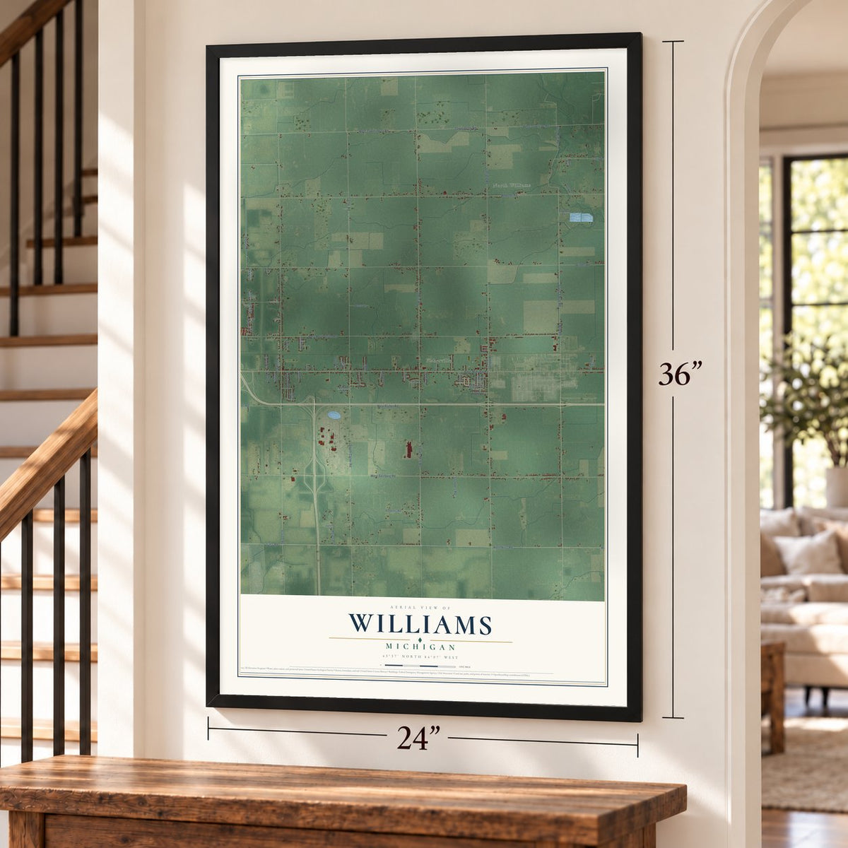 Williams, Michigan map, 24 x 36 inch print in a black frame by a staircase