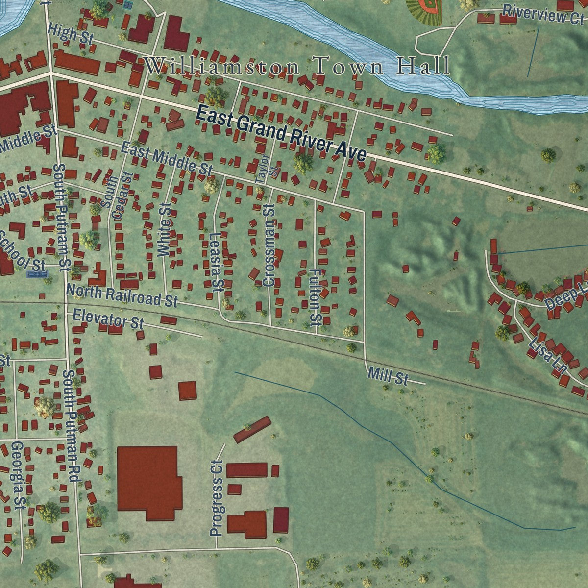 Close-up of the map of Williamston, Michigan print showing street and building detail