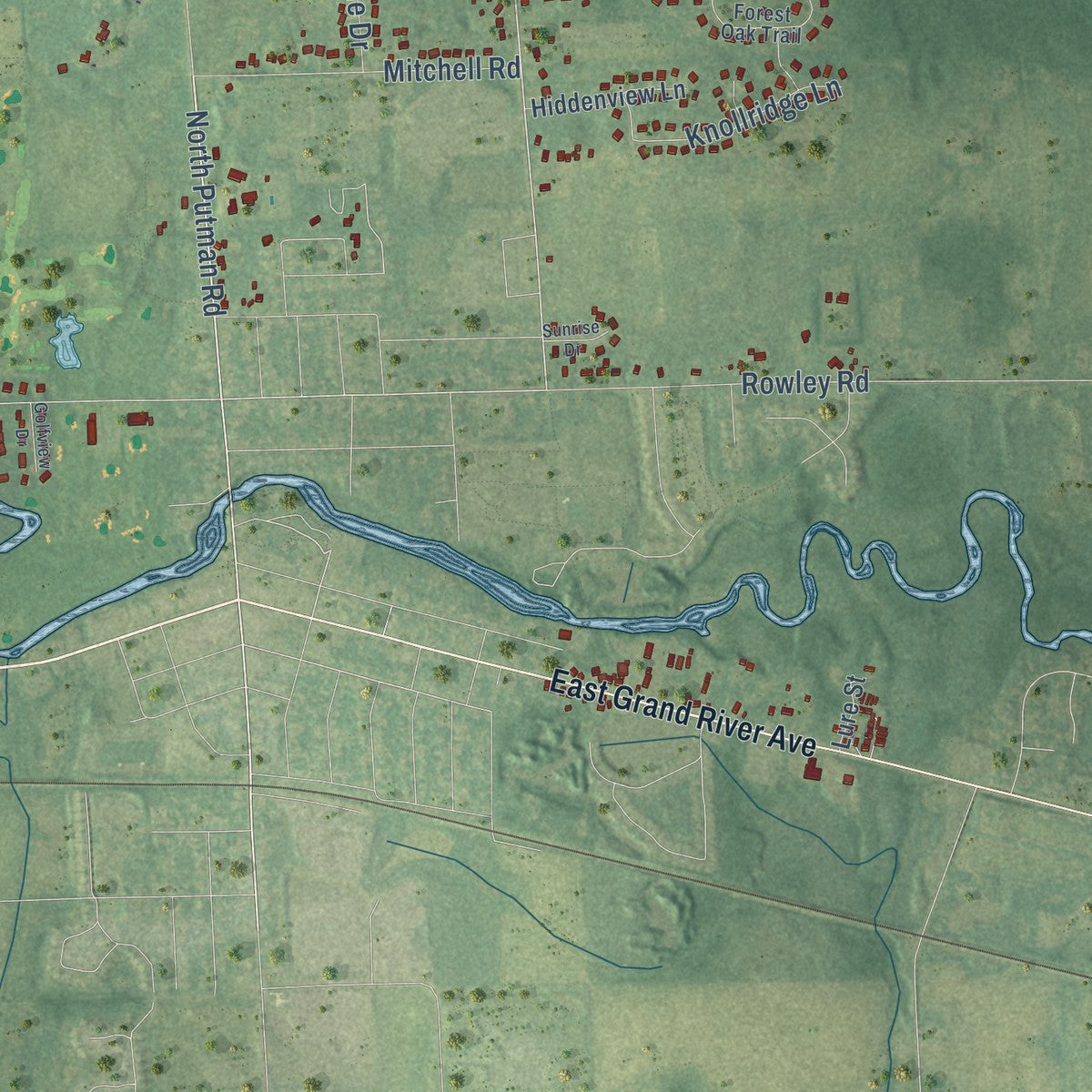 Close-up of the map of Williamstown, Michigan print showing street and building detail