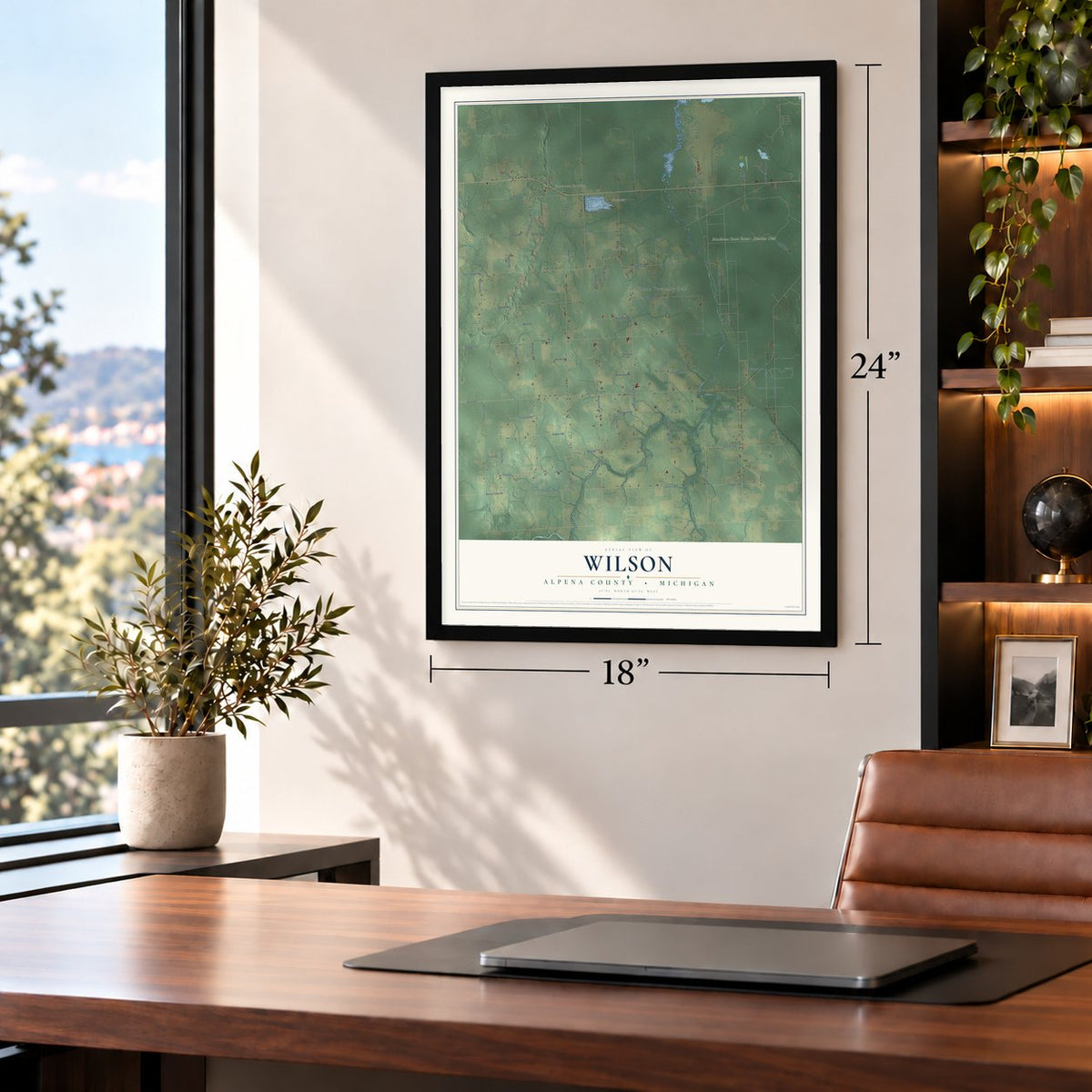 Wilson, Alpena County, Michigan map, 18 x 24 inch print in a black frame in a home office