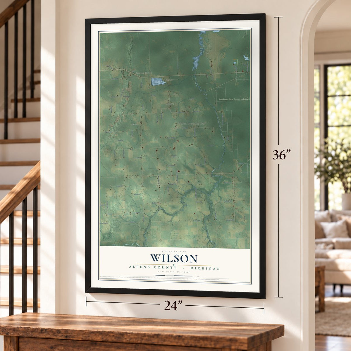 Wilson, Alpena County, Michigan map, 24 x 36 inch print in a black frame by a staircase
