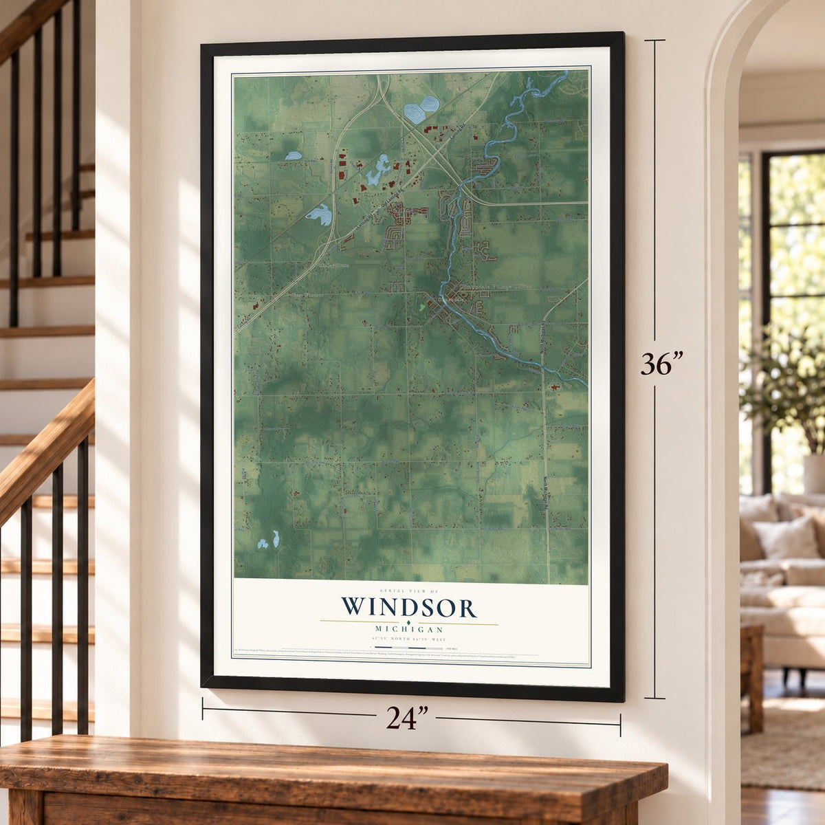 Windsor, Michigan map, 24 x 36 inch print in a black frame by a staircase