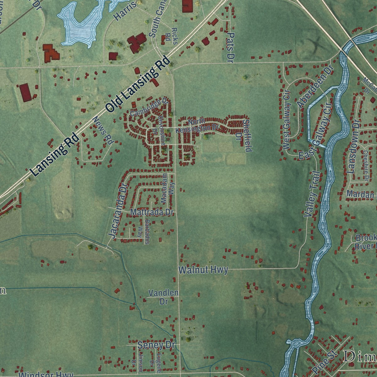 Close-up of the map of Windsor, Michigan print showing street and building detail
