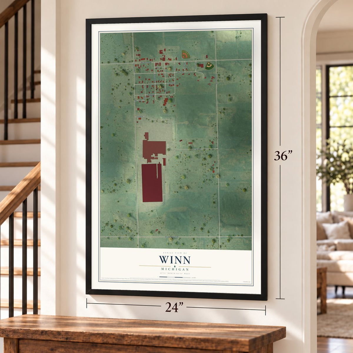 Winn, Michigan map, 24 x 36 inch print in a black frame by a staircase