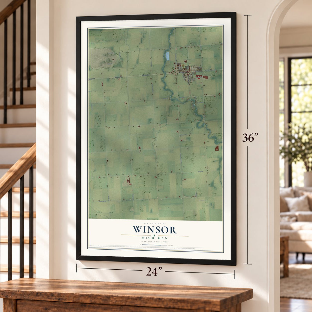 Winsor, Michigan map, 24 x 36 inch print in a black frame by a staircase