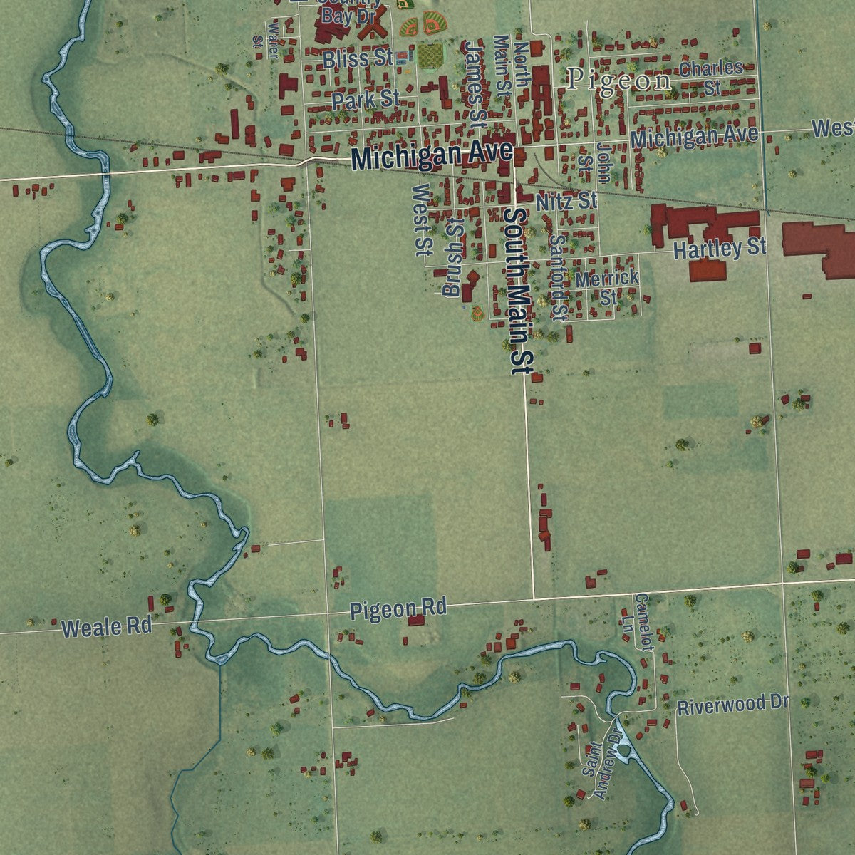 Close-up of the map of Winsor, Michigan print showing street and building detail