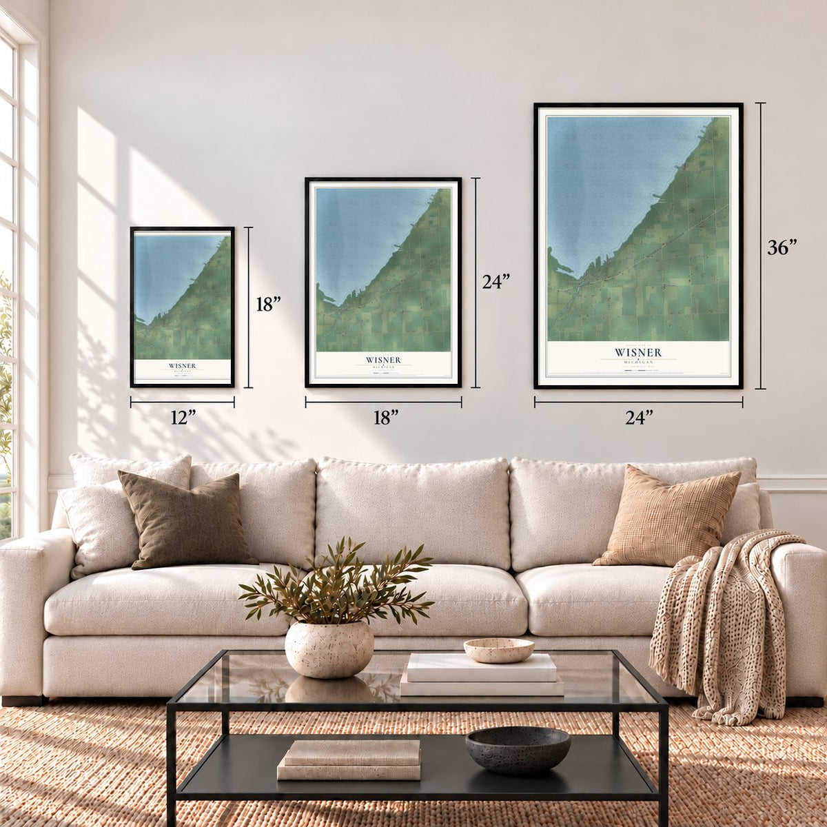 Wisner, Michigan map in 12 x 18, 18 x 24 and 24 x 36 inch sizes above a sofa