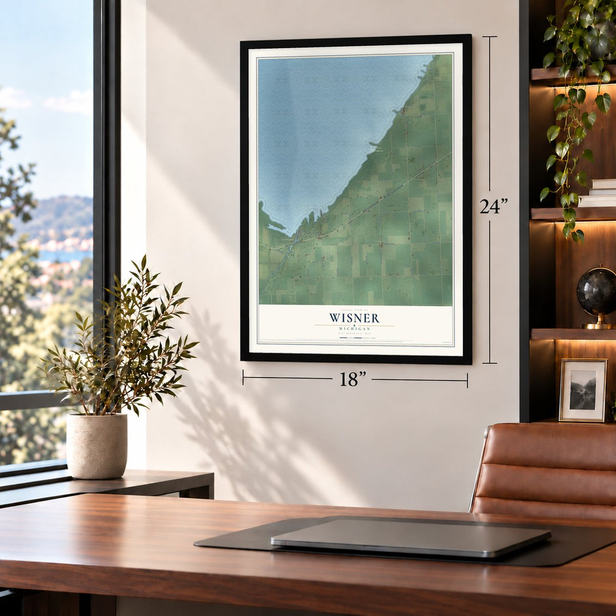 Wisner, Michigan map, 18 x 24 inch print in a black frame in a home office