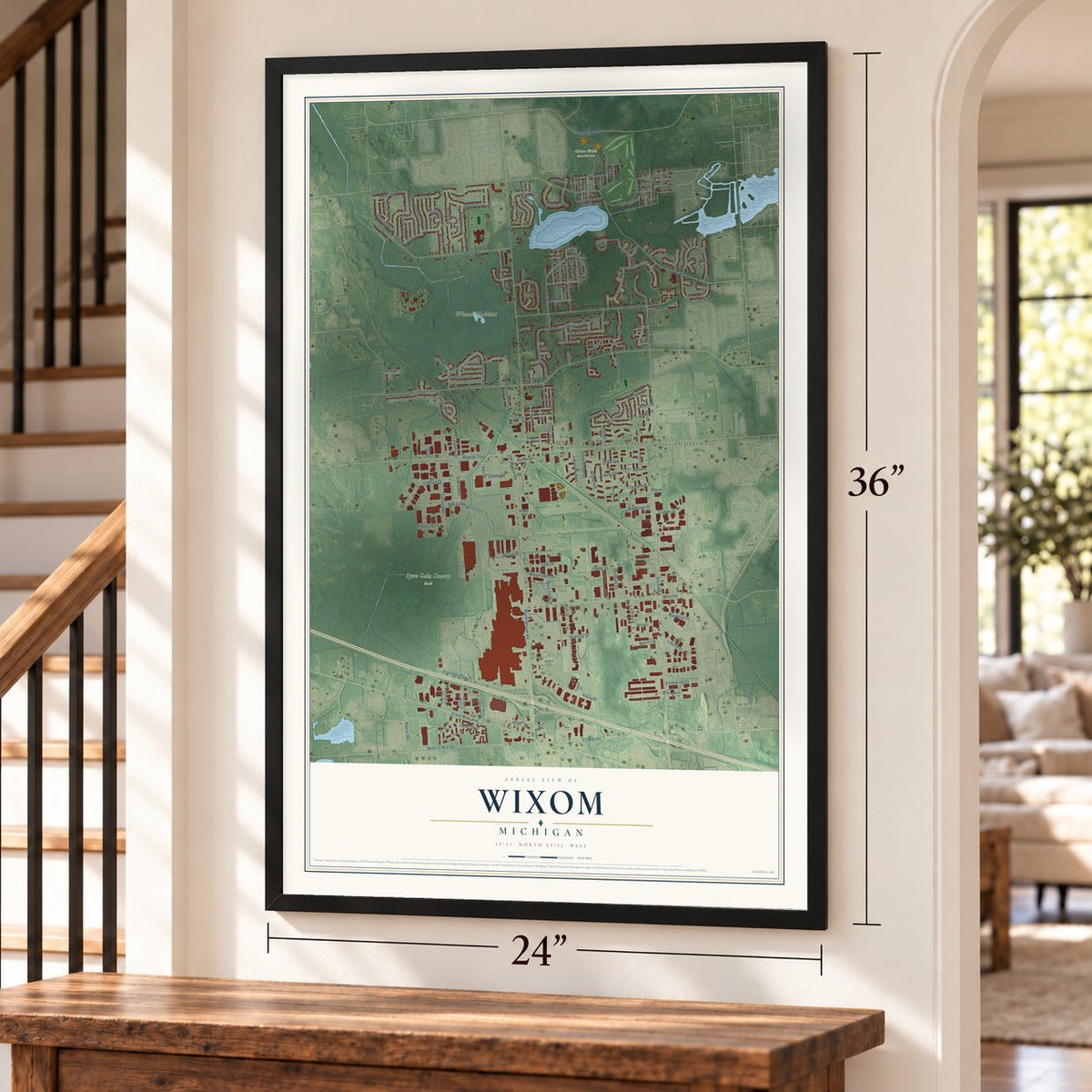 Wixom, Michigan map, 24 x 36 inch print in a black frame by a staircase