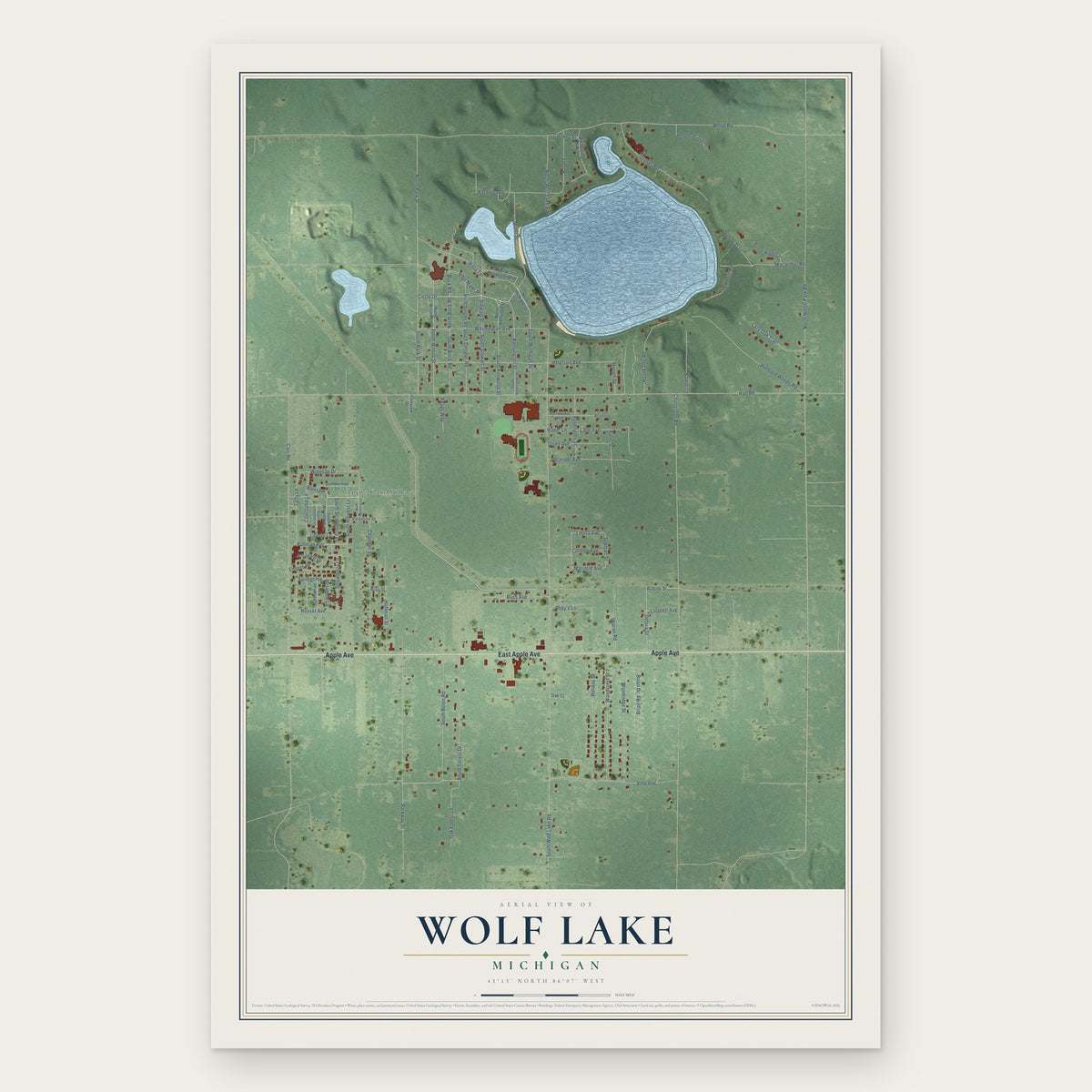 Wolf Lake, Michigan map print, the full design