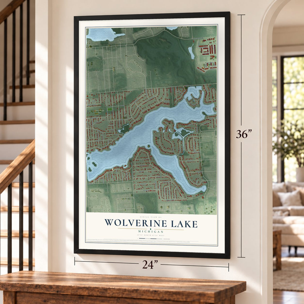 Wolverine Lake, Michigan map, 24 x 36 inch print in a black frame by a staircase