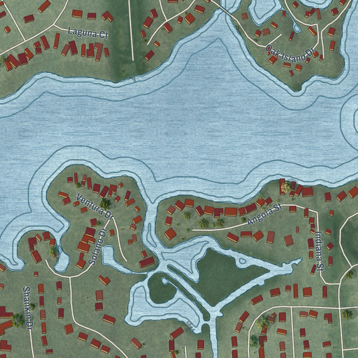 Close-up of the map of Wolverine Lake, Michigan print showing street and building detail