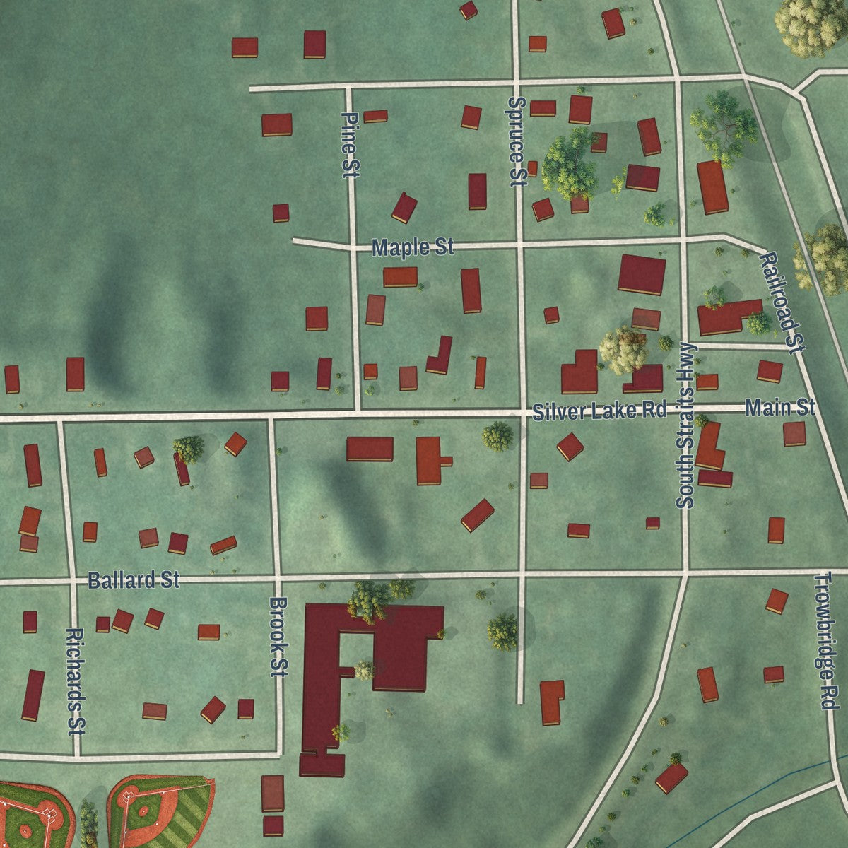 Close-up of the map of Wolverine, Michigan print showing street and building detail