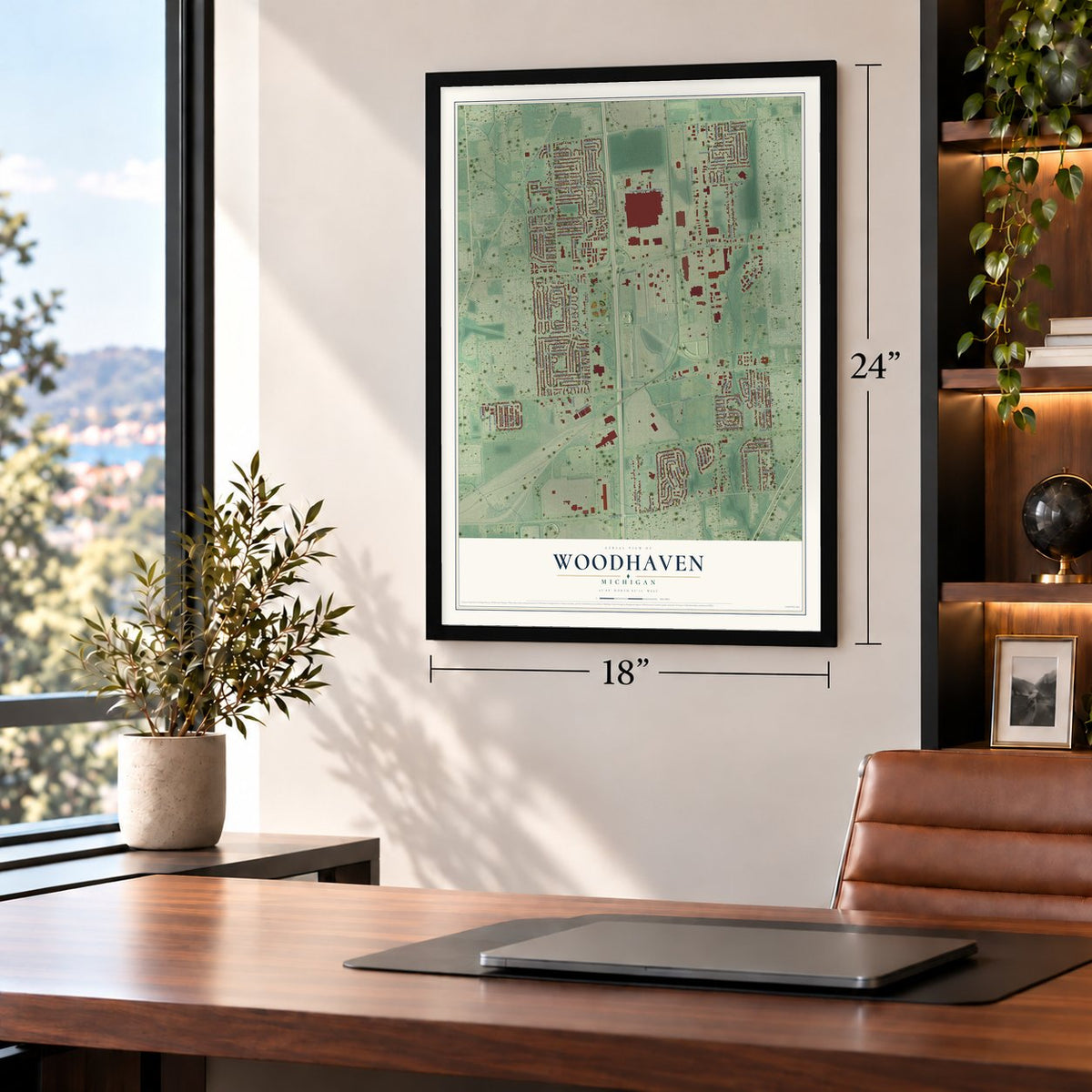 Woodhaven, Michigan map, 18 x 24 inch print in a black frame in a home office