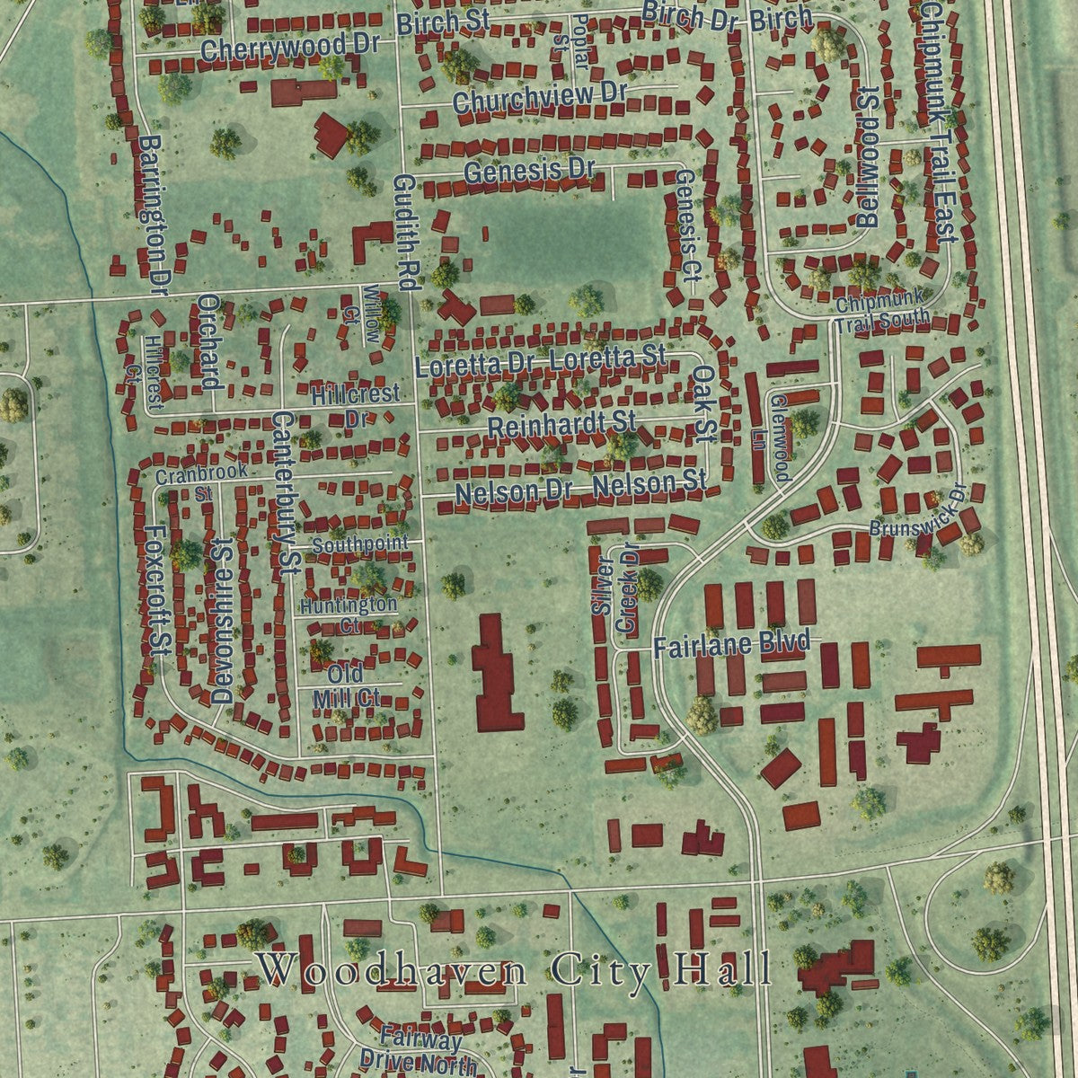 Close-up of the map of Woodhaven, Michigan print showing street and building detail