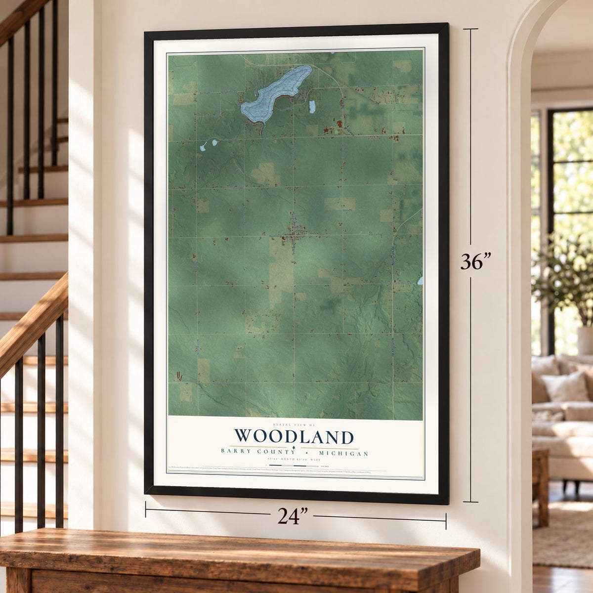 Woodland, Barry County, Michigan map, 24 x 36 inch print in a black frame by a staircase