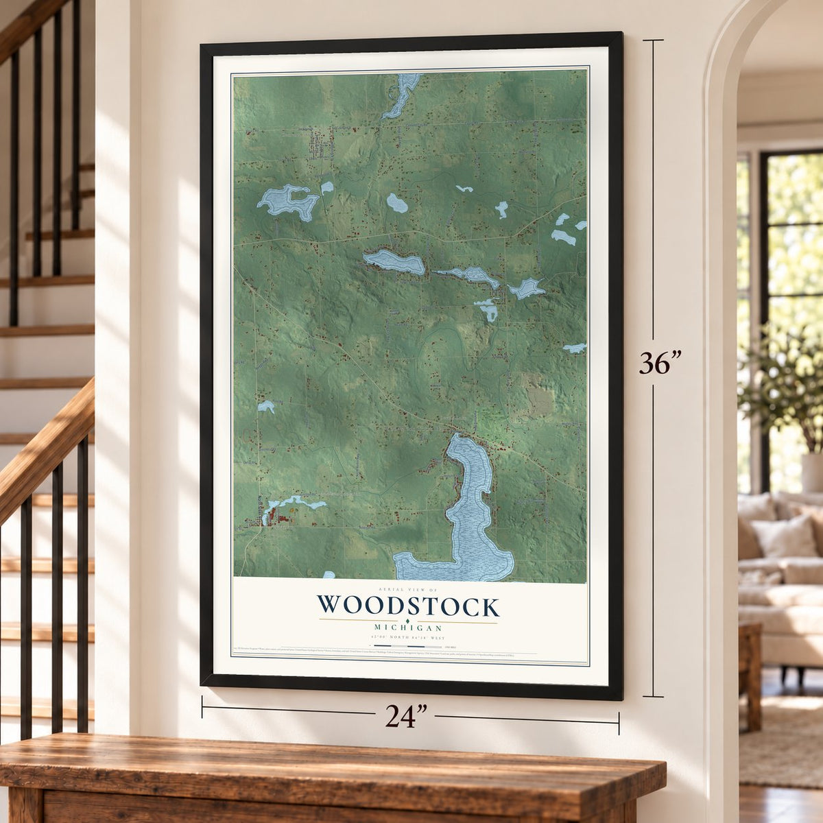 Woodstock, Michigan map, 24 x 36 inch print in a black frame by a staircase