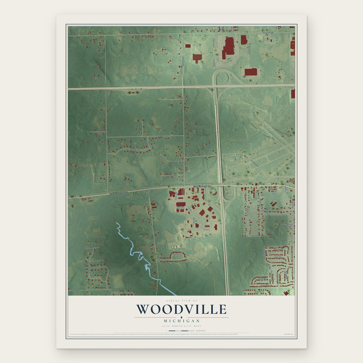 Woodville, Michigan map print, the full design
