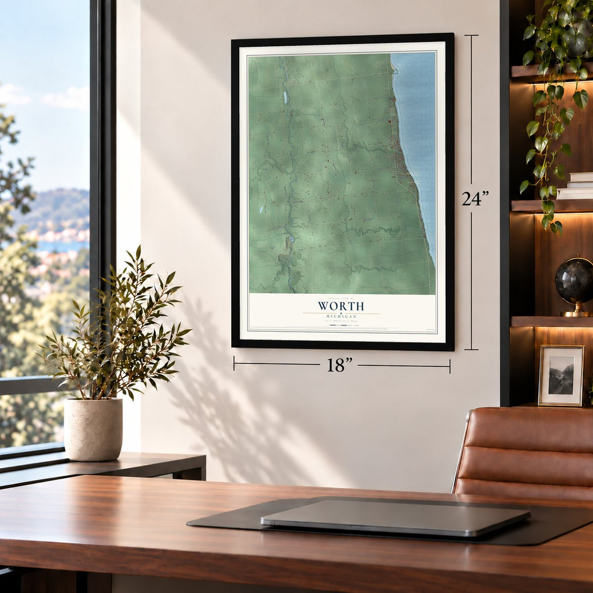 Worth, Michigan map, 18 x 24 inch print in a black frame in a home office