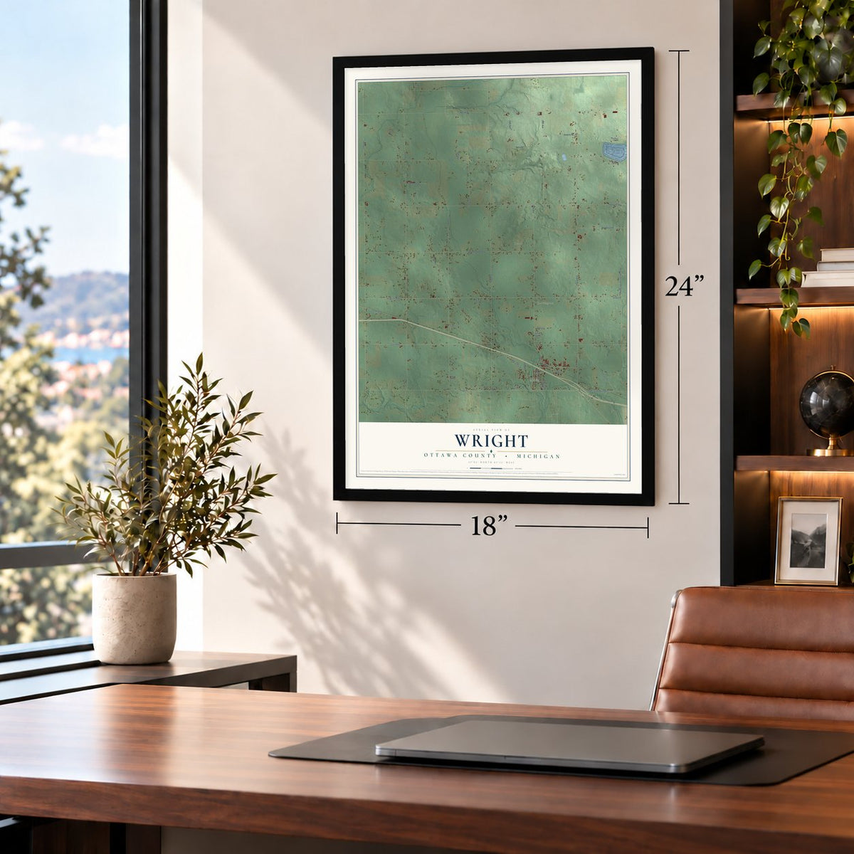 Wright, Ottawa County, Michigan map, 18 x 24 inch print in a black frame in a home office