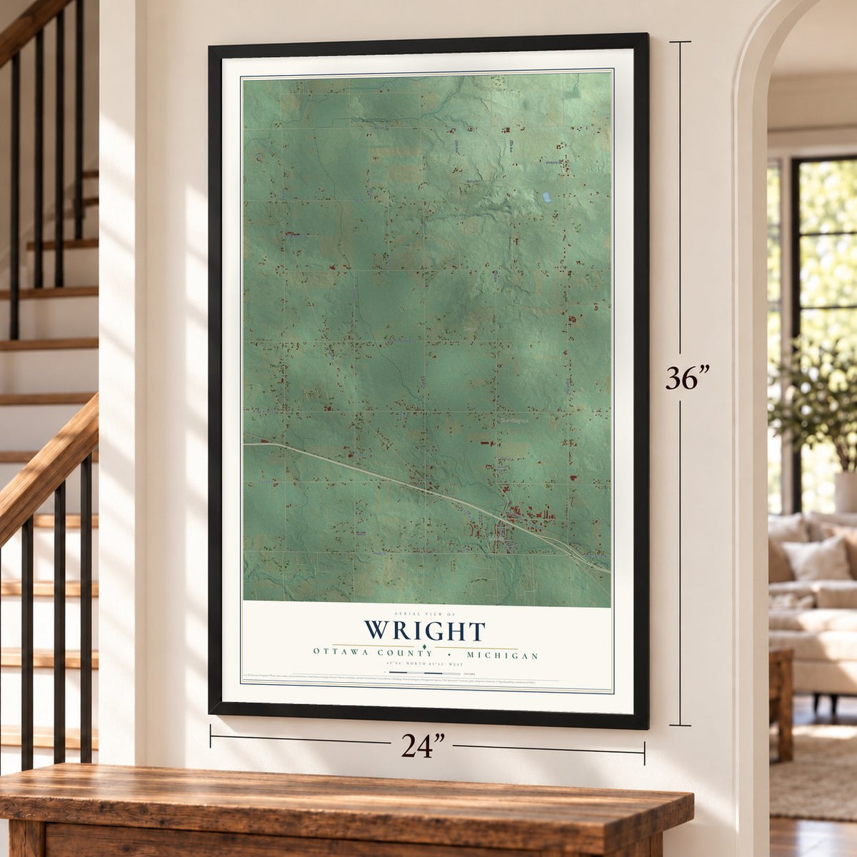 Wright, Ottawa County, Michigan map, 24 x 36 inch print in a black frame by a staircase
