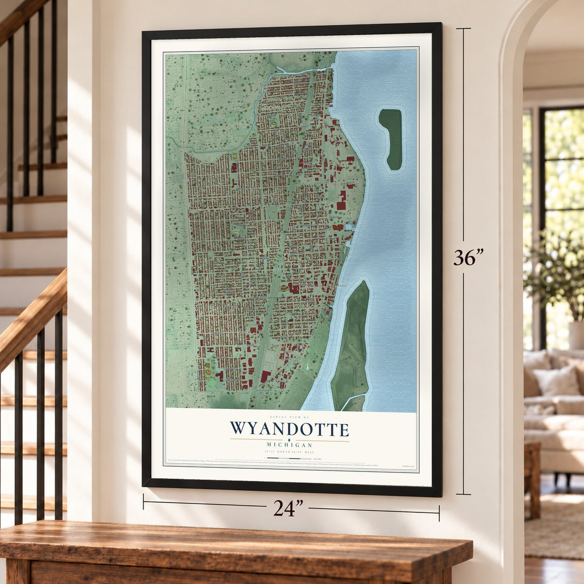 Wyandotte, Michigan map, 24 x 36 inch print in a black frame by a staircase
