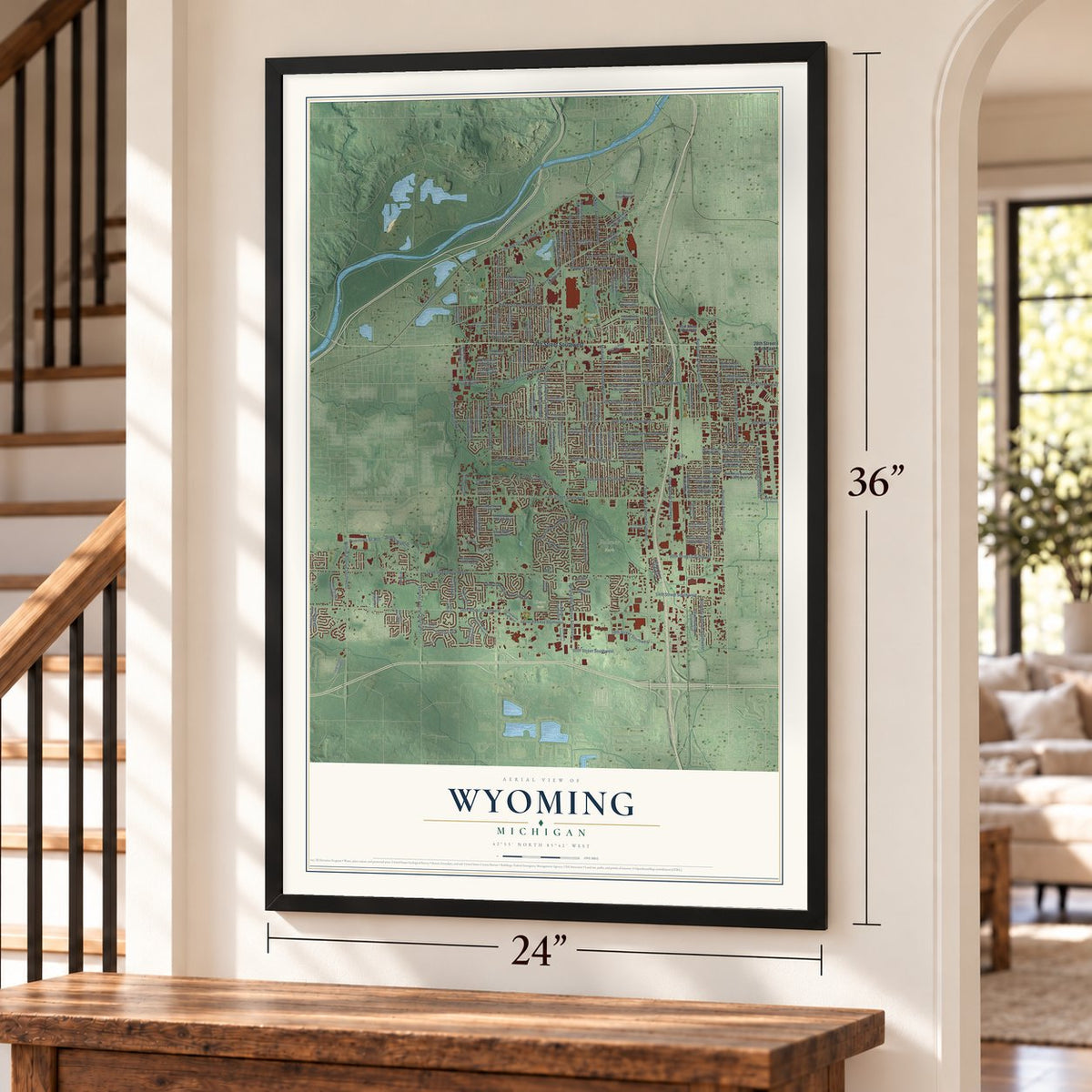 Wyoming, Michigan map, 24 x 36 inch print in a black frame by a staircase