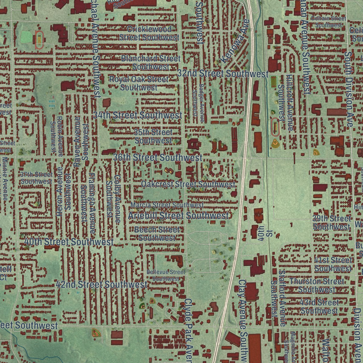Close-up of the map of Wyoming, Michigan print showing street and building detail