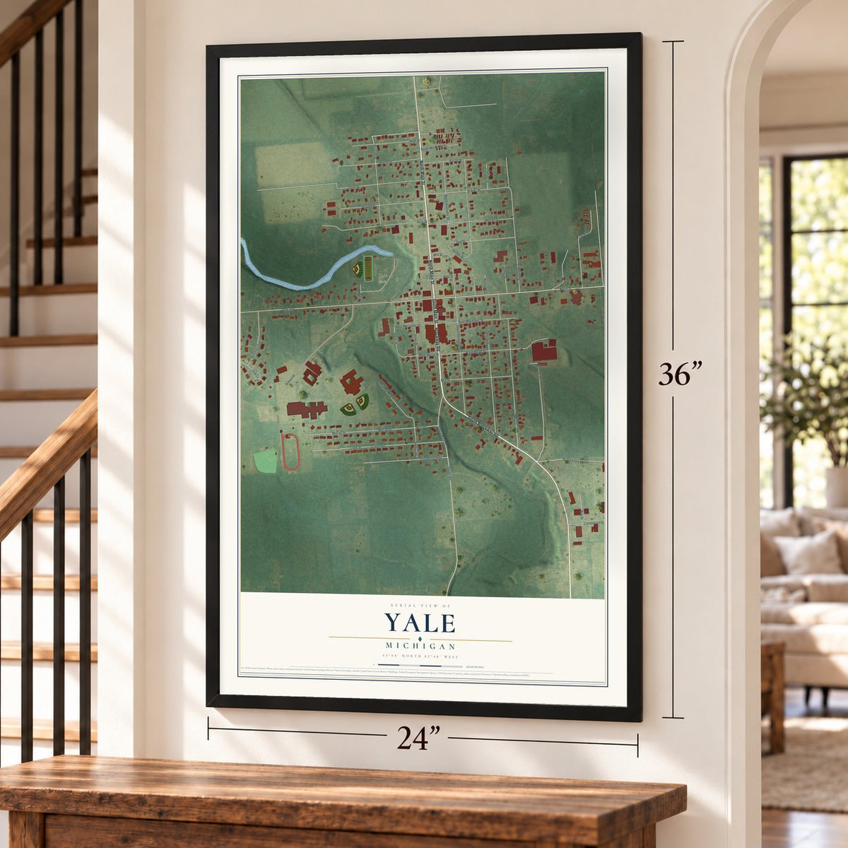 Yale, Michigan map, 24 x 36 inch print in a black frame by a staircase