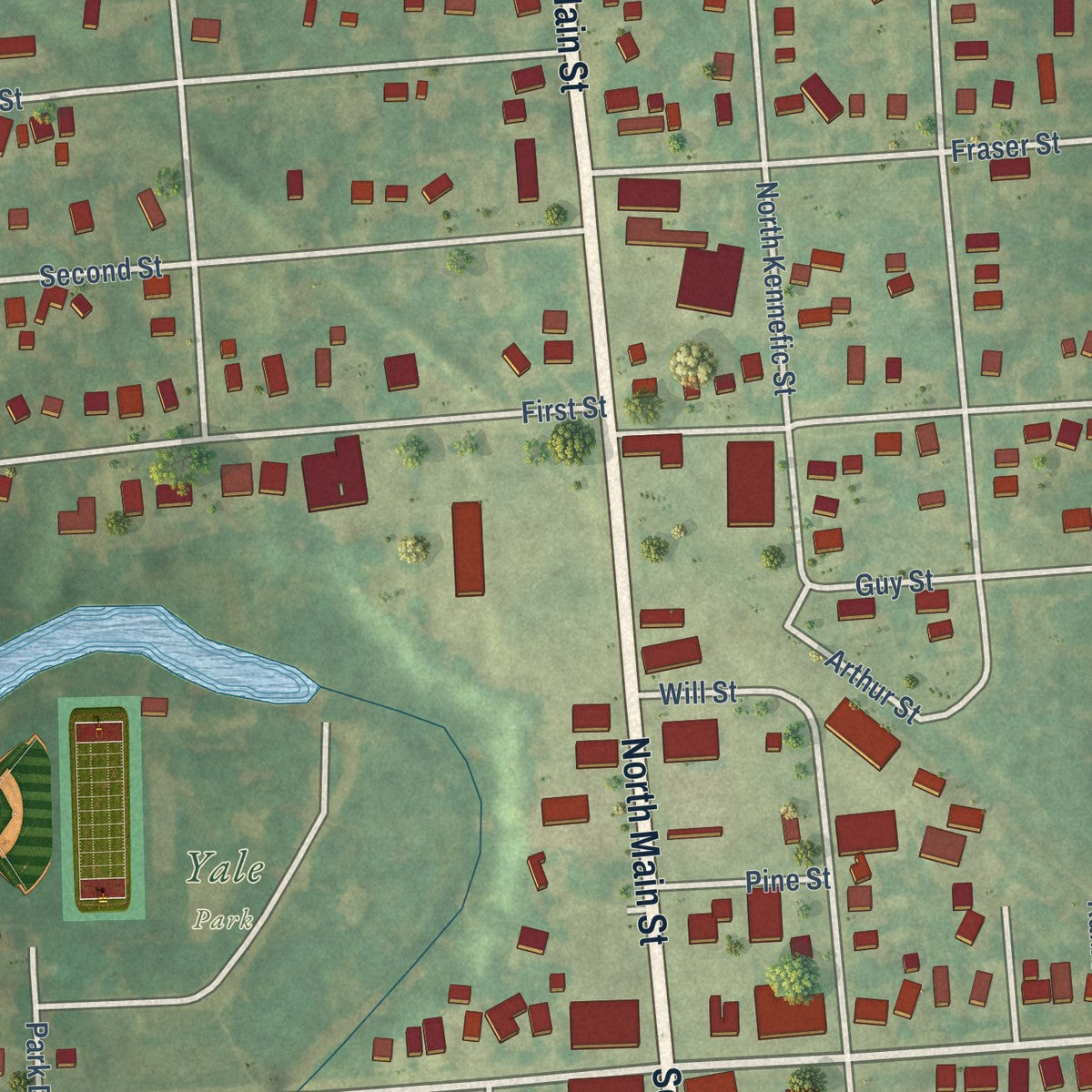 Close-up of the map of Yale, Michigan print showing street and building detail