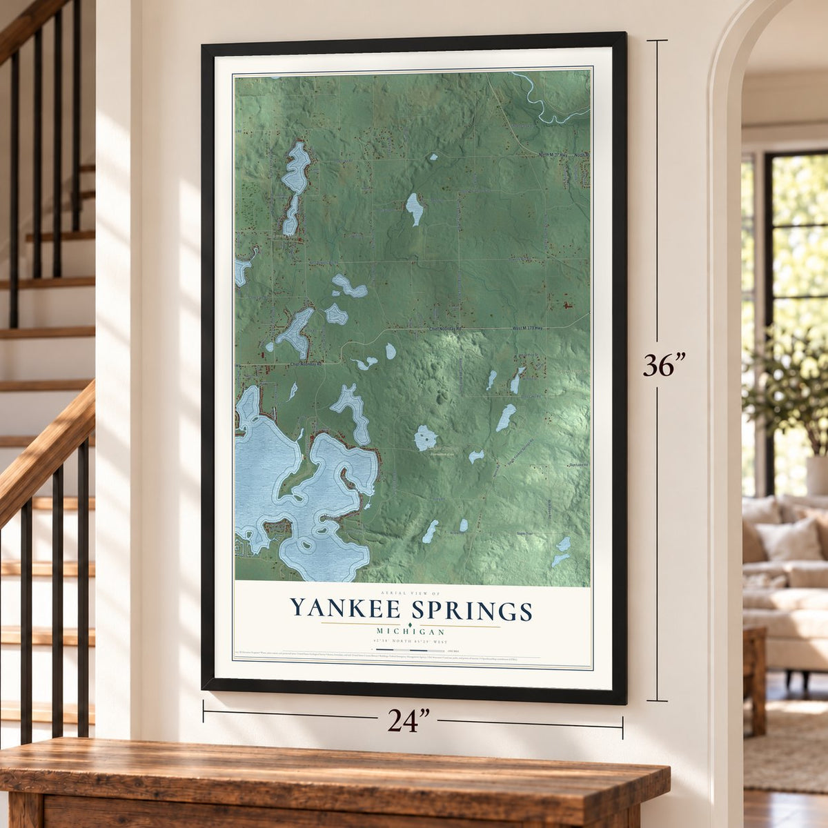 Yankee Springs, Michigan map, 24 x 36 inch print in a black frame by a staircase