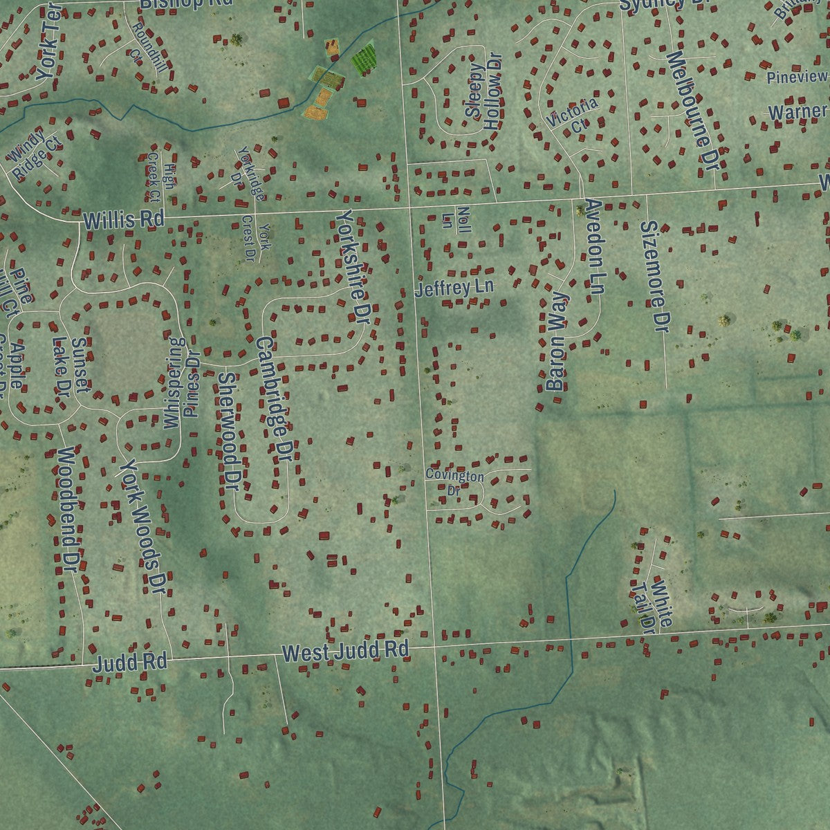 Close-up of the map of York, Michigan print showing street and building detail